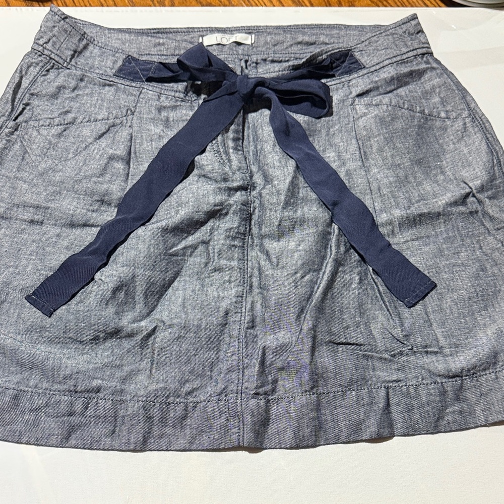 LOFT Denim Blue A-Line Skirt with Navy Bow